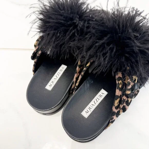 Aquazzura Boudoir Feather-Trimmed Black Animal Print Thong Sandals 7.5 - Picture 5 of 11